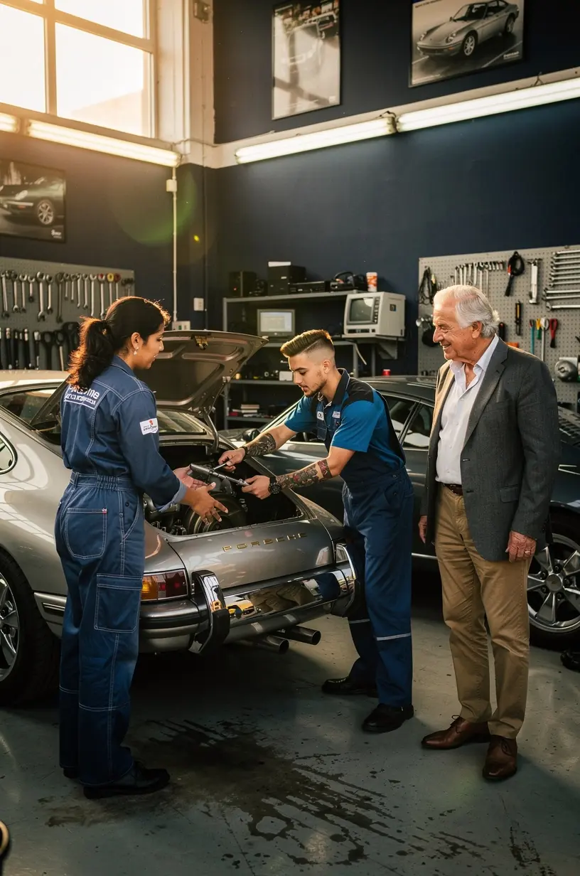 Equipo profesional inspeccionando el motor de un coche exclusivo en centro de servicio automotriz en España.