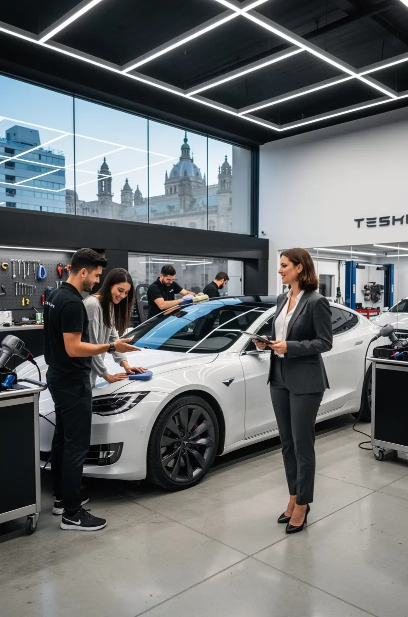 Sala moderna y equipada con tecnología avanzada para el cuidado y reparación de coches de alta calidad.